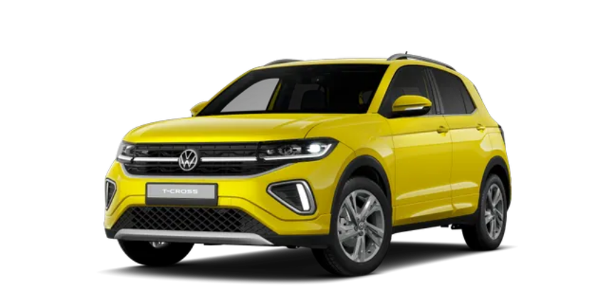 Modèle voiture SUV Volkswagen Nouveau T-Cross de couleur jaune raisin motorisation essence.