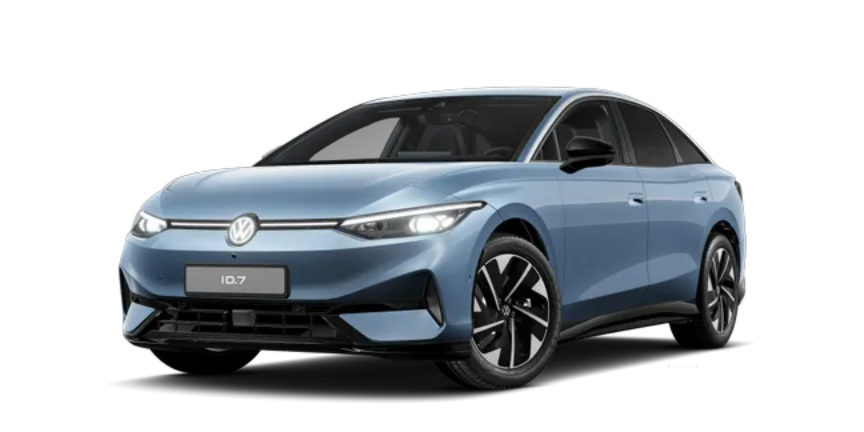 Modèle Volkswagen ID.7 voiture type berline de couleur Bleu Denim motorisation 100% électrique.