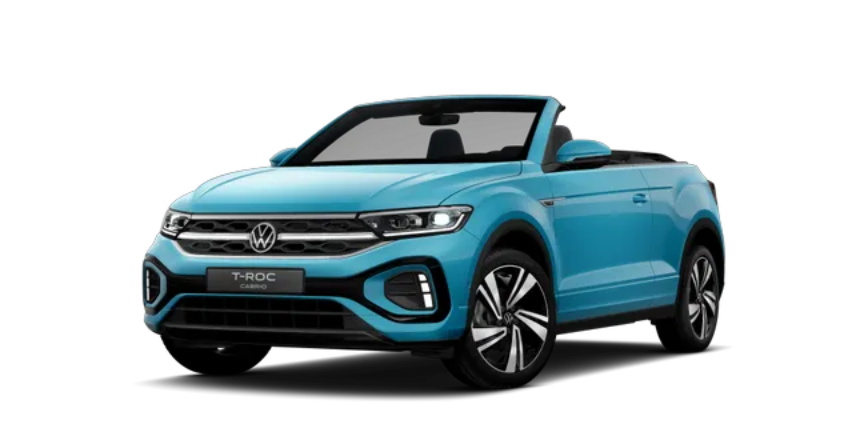 Modèle voiture SUV Volkswagen T-Roc Cabriolet de couleur bleu adriatique motorisation essence.