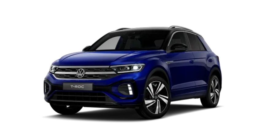 Modèle voiture SUV Volkswagen T-Roc de couleur bleu Lapiz motorisation essence diesel.