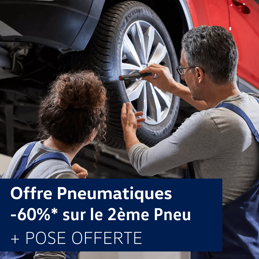 Offre Pneu -60% sur le 2ème et la pose est offerte dans toutes les concessions Volkswagen Touring Automobiles et Utilitaires.